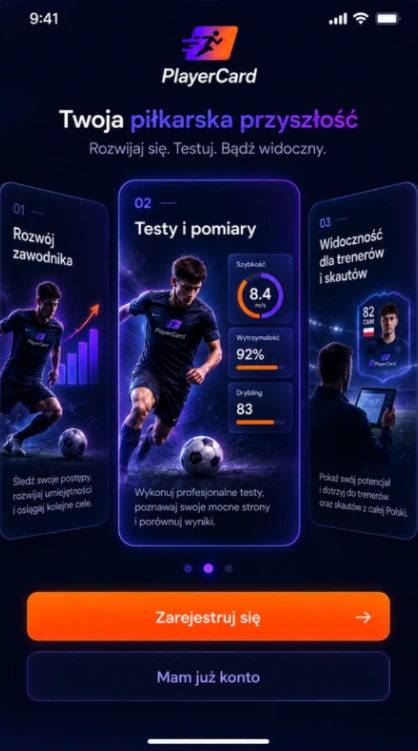 PlayerCard — ekran powitalny z trzema kartami funkcjonalności